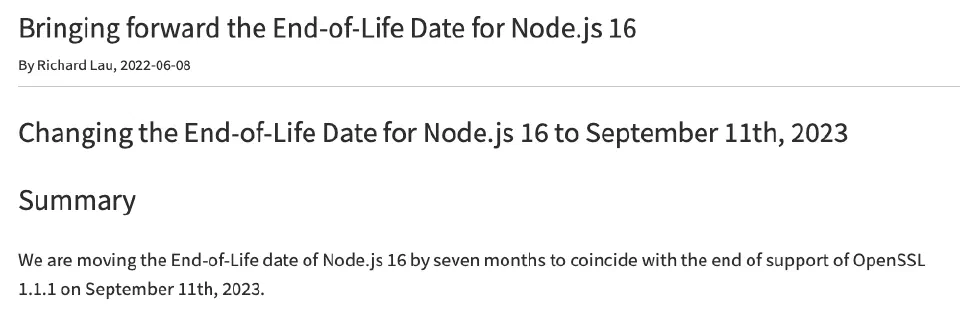 Node.js 16 end-of-life notice moving the deadline to September 11, 2023.