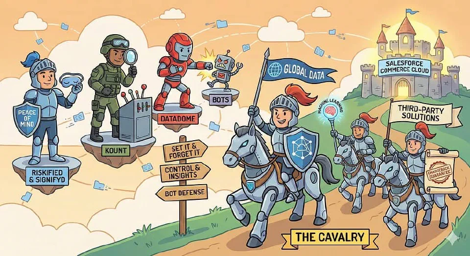 A cartoon illustration depicting 'The Cavalry' of third-party fraud solutions. Armored knights ride cybernetic horses toward a castle labeled 'Salesforce Commerce Cloud.' Signposts highlight specific vendors like 'Riskified & Signifyd' (Peace of Mind), 'Kount' (Control), and 'DataDome' (Bot Defense), while knights carry banners representing 'Global Data' and 'Machine Learning.'