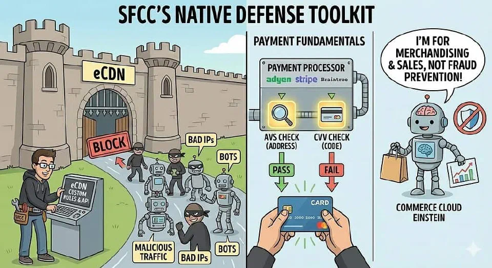 A cartoon illustration showing SFCC's native defense toolkit. On the left, a developer uses eCDN Custom Rules and API to block malicious traffic and bots from entering a castle. In the middle, Payment Processing Fundamentals are depicted with AVS and CVV checks passing or failing a credit card. On the right, a Commerce Cloud Einstein robot states it's for merchandising and sales, not fraud prevention, debunking a myth.