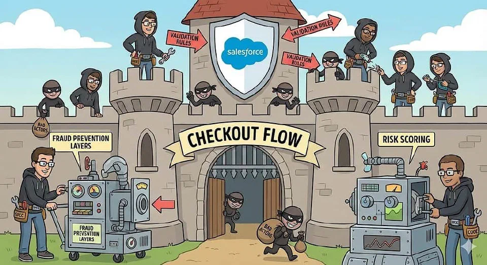 A cartoon illustration depicting a stone fortress labeled 'Checkout Flow'. Developers equipped with tools are building defensive machines labeled 'Fraud Prevention Layers' and 'Risk Scoring' to protect the castle from cartoon burglars, with a Salesforce shield hanging above the gate.