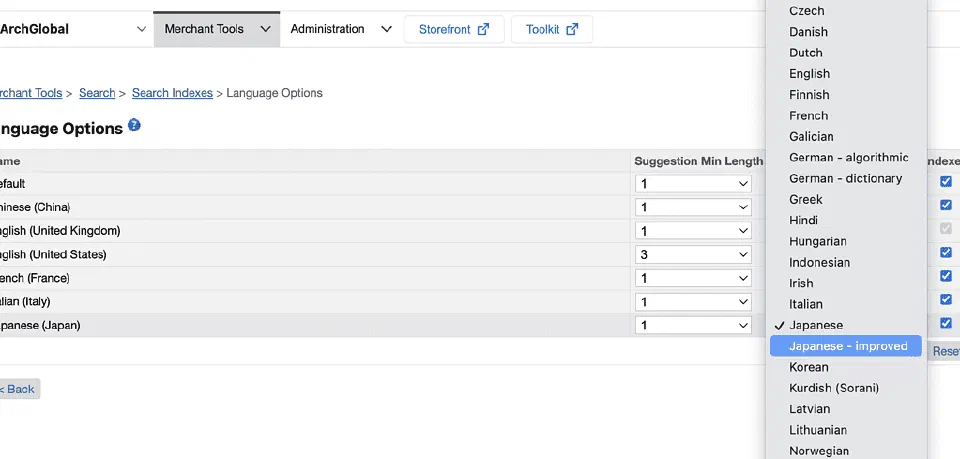 Language Options menu showing the Japanese Improved analyzer.