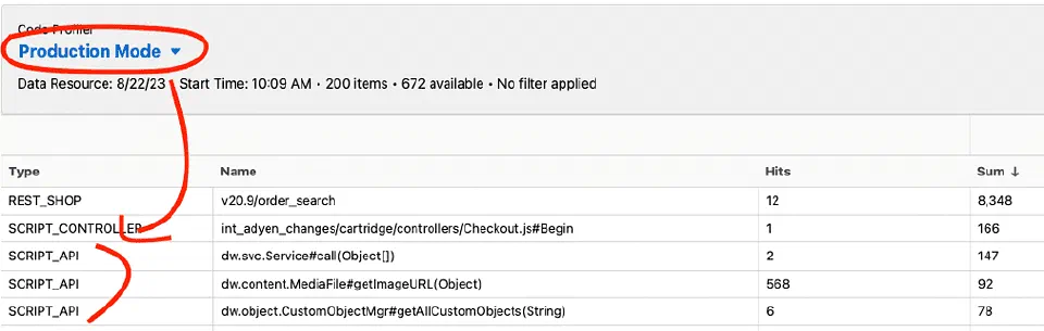 Code Profiler output from before the 23.9 Production Mode change.