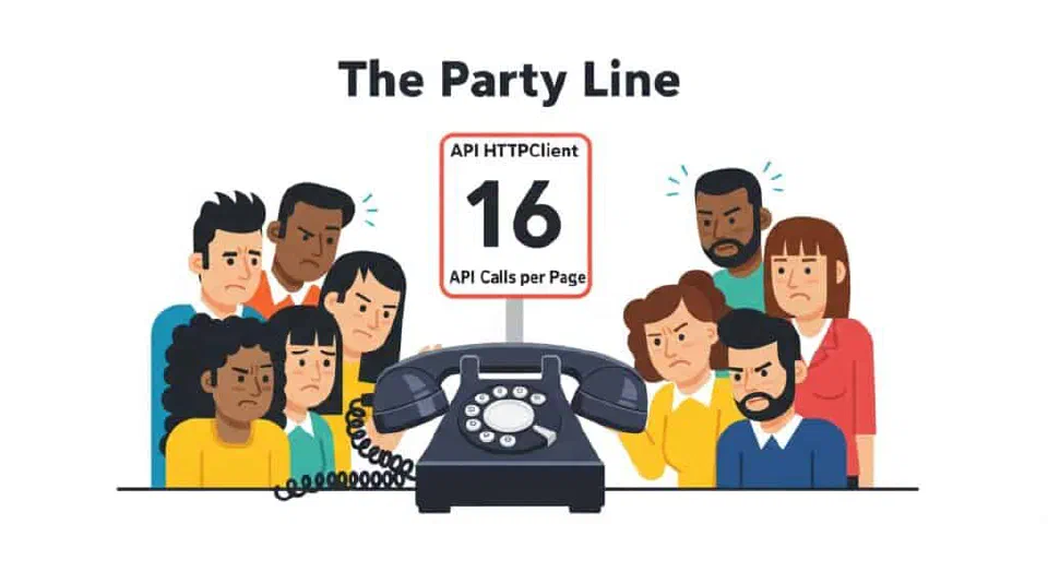 Cartoon of frustrated developers crowded around a party-line telephone labeled '16 API Calls Per Page.'