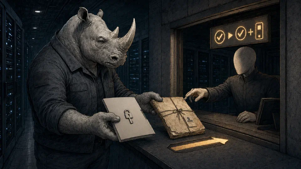 A rhino presents two credential folders; a clerk reaches for the older one as a sign flags a new second-factor step.