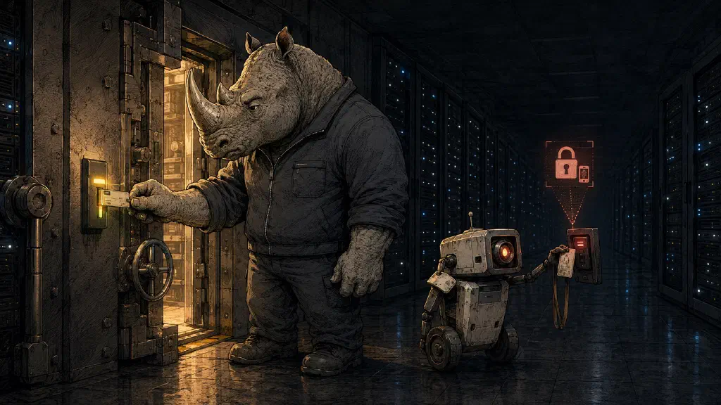 A rhino in an ops jacket badges through a server-room door with a keycard while a small robot is blocked at an older reader still glowing red