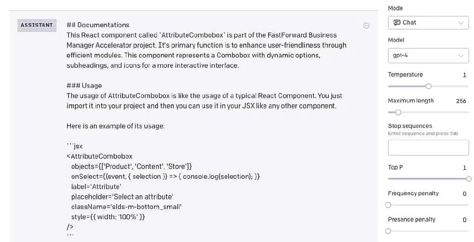 A screenshot of the OpenAI GPT 4 playground, documenting a React Component.