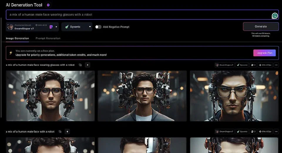 A screenshot of Leonardo.AI of generating the image of this post using the prompt 'a mix of a human male face wearing glasses with a robot'