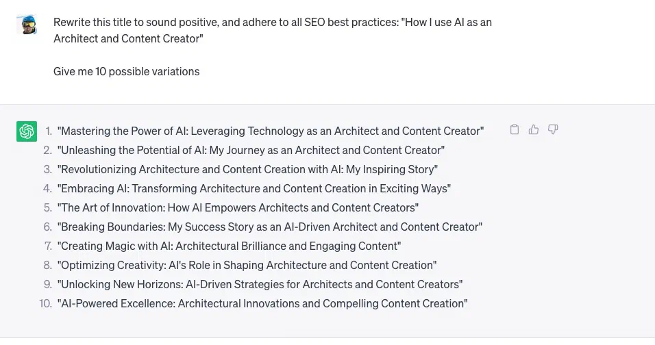 A screenshot of ChatGPT transforming the original title of this blogpost to some creative ones