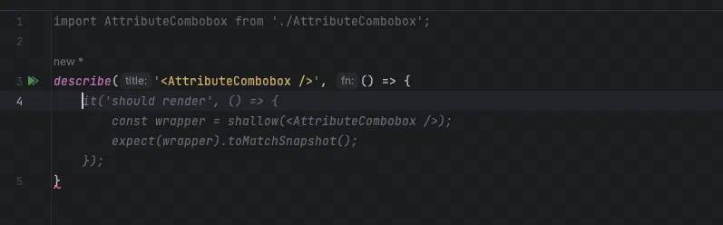 A screenshot of Webstorm showing React testing code being generated.