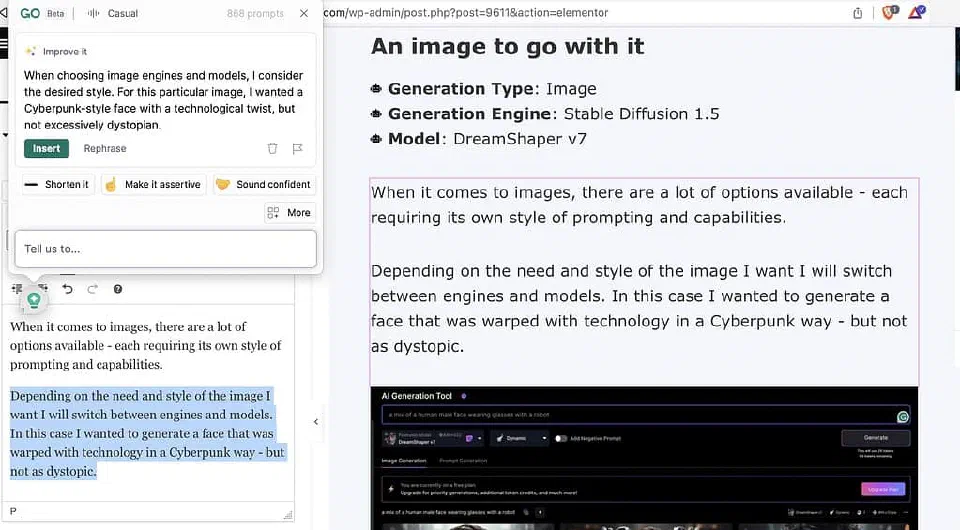 A screenshot of this blog post being assisted with the Grammarly AI tool.