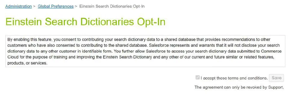 Einstein Search Dictionaries Opt-In setting used to enable shared-data consent.