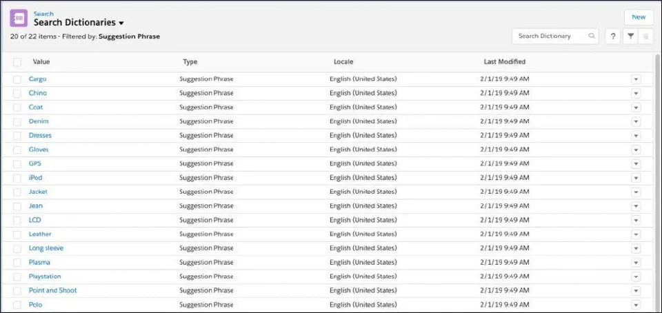 Einstein search dictionaries suggesting phrases and synonym refinements.