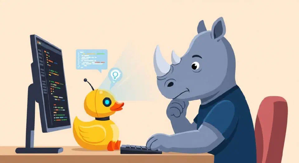 A cartoon rhino developer at a desk looks thoughtfully at a screen with code. Next to the keyboard, an AI assistant designed like a yellow rubber duck projects a holographic code snippet, illustrating the concept of AI pair programming.