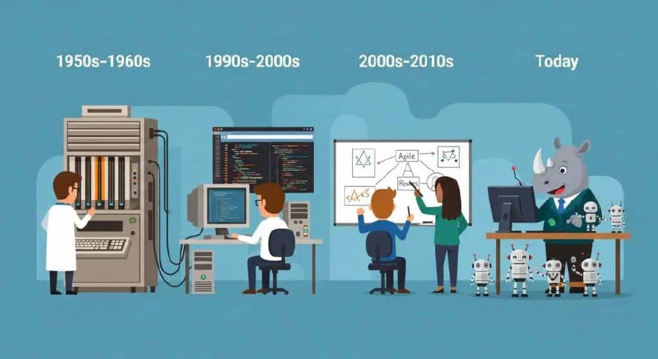 A timeline showing the evolution of the software developer role in four stages. It starts in the 1950s with a developer and a mainframe, progresses to the 1990s with an IDE on a desktop, then to the 2000s with Agile team collaboration, and ends today with a rhino developer augmented by AI robot assistants.