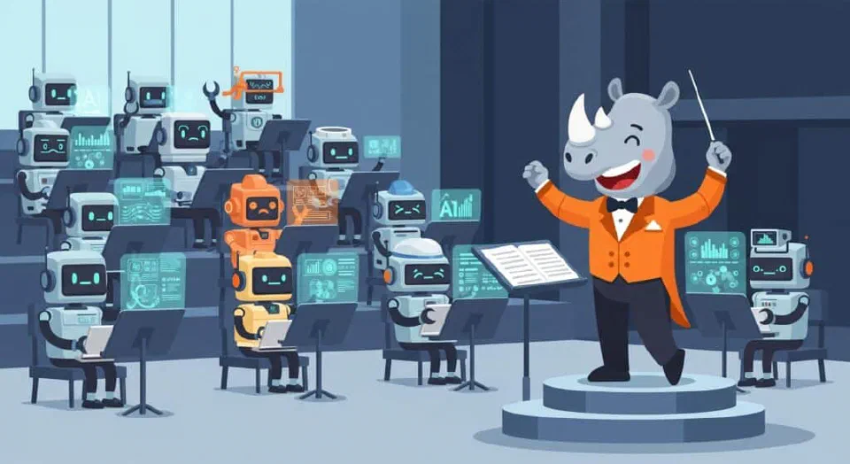 A cartoon rhino developer, dressed as a conductor, leads an orchestra of small robots. The robots sit in sections and use laptops and data interfaces instead of musical instruments, symbolizing a developer orchestrating various AI tools.