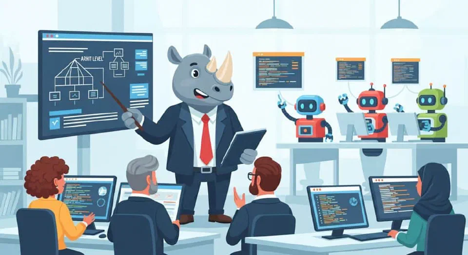 A friendly cartoon rhino developer acts as a strategic leader, presenting an architecture plan on a large screen to a diverse group of business stakeholders. In the background, AI robot assistants implement the plan by coding at their desks.