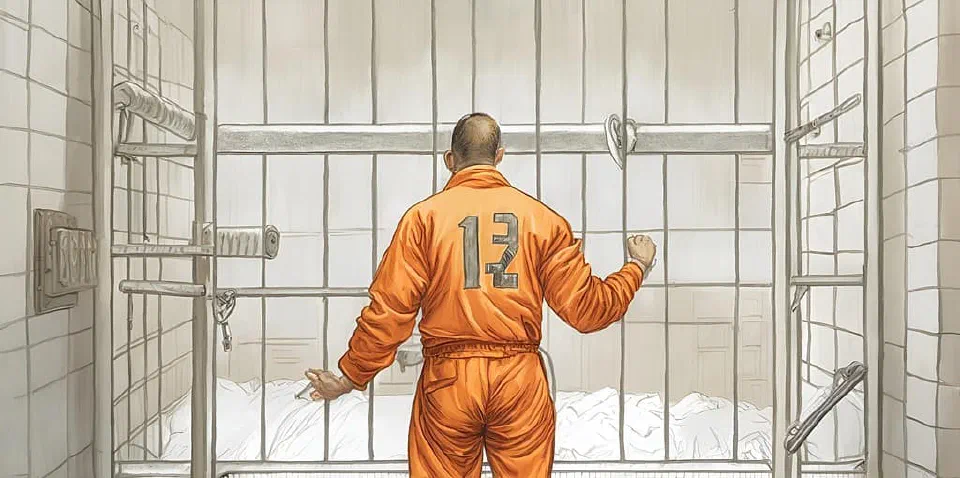 A drawing of a jail cell with a man in orange.