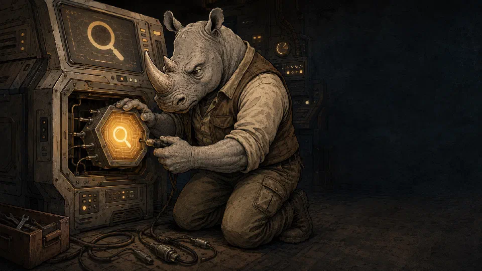 A rhino carefully installs a separate glowing module into an existing search console
