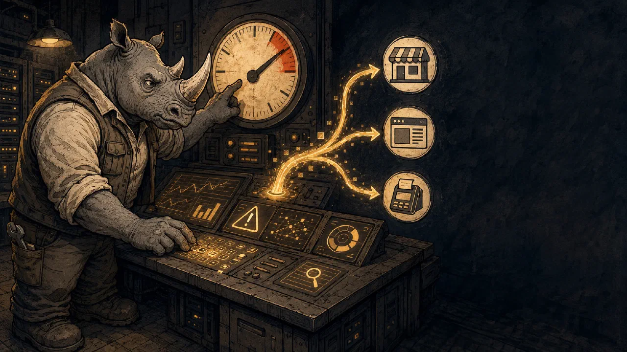 A rhino at a control desk covered in dashboards, watching a catalog feed branch out to store and web icons