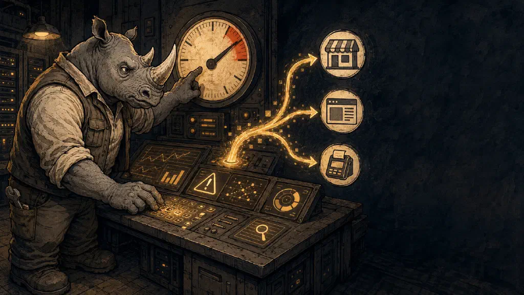 A rhino at a control desk covered in dashboards, watching a catalog feed branch out to store and web icons