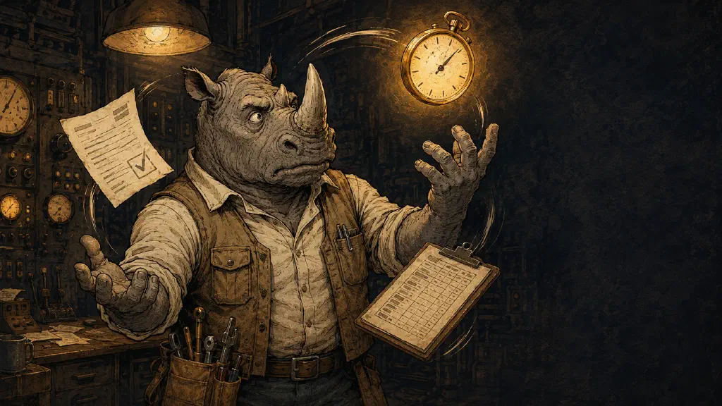 A rhino developer juggling a consent form, a tax ledger, and a countdown clock in a Business Manager control room