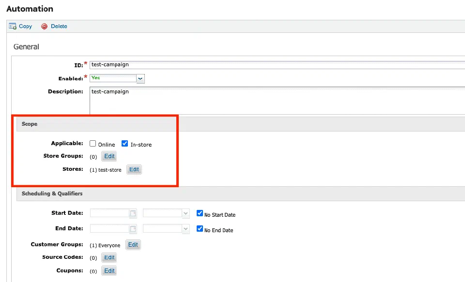 Campaign Details screen showing Store Group assignment options in Business Manager