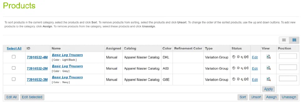 Category configuration panel for assigning variation-group display behavior.
