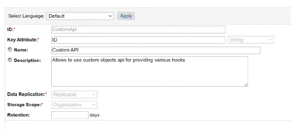 Custom Object Types screen with the CustomApi definition.