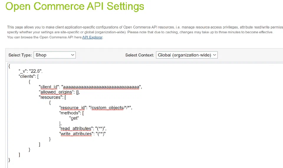 Open Commerce API Settings showing access for custom objects.
