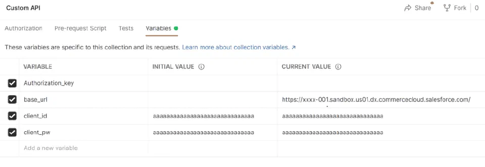 Postman variables required to call the custom OCAPI endpoint.
