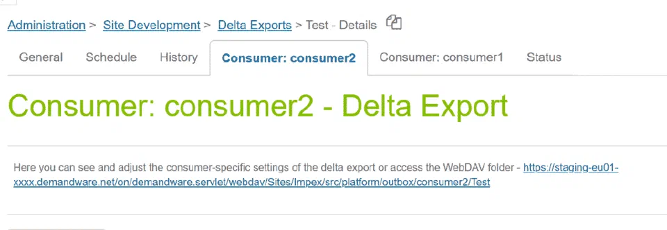 Consumer tab showing WebDAV export folder path for each configured consumer