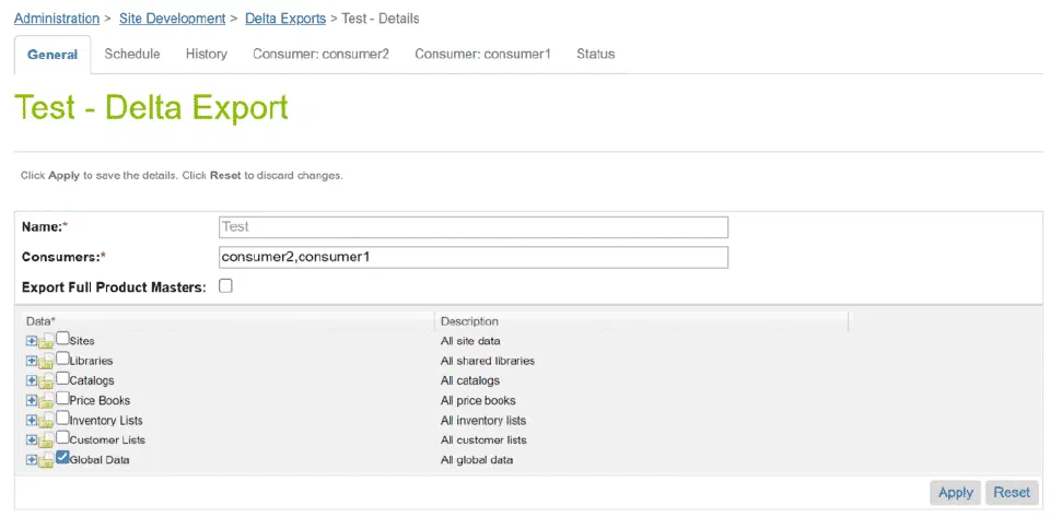 Delta export job configuration form showing Name field, Consumers field, and Data Type dropdown