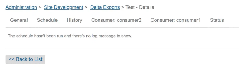 Status tab displaying the scheduled delta export job execution log