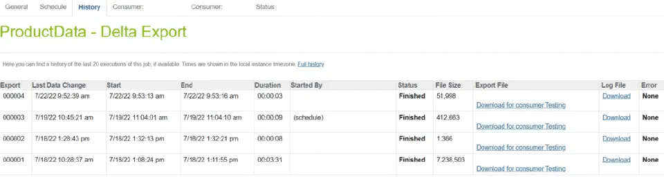 Delta export history table showing previously generated export files