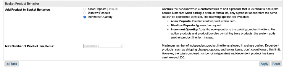 Basket preferences showing the new default limit of 200 product line items.
