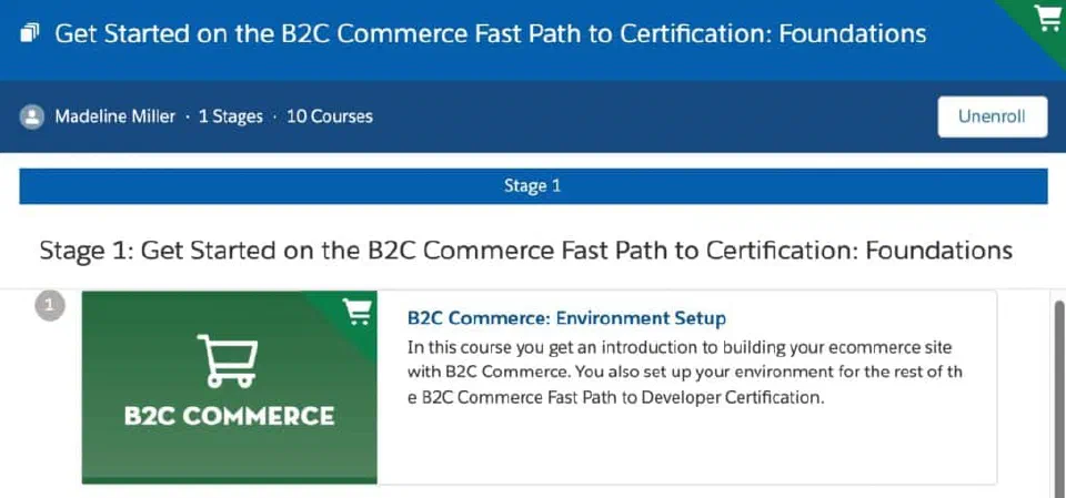 Partner Learning Camp catalog showing the B2C Commerce Foundations course.