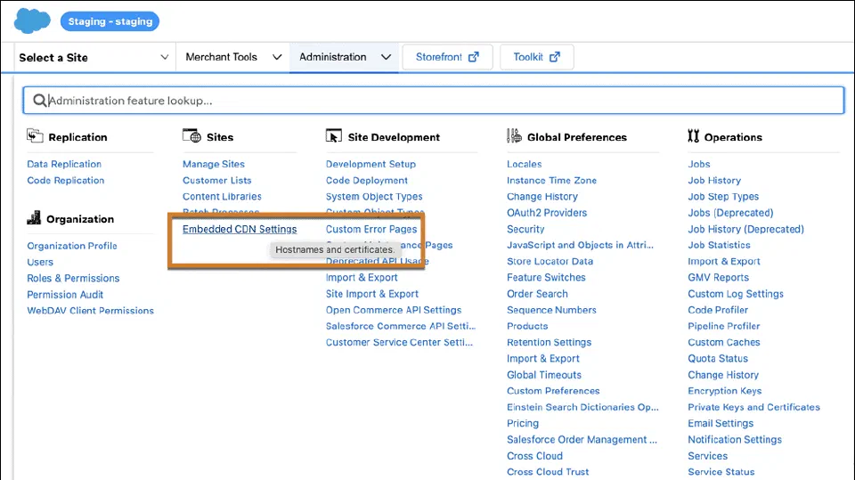 Staging Business Manager with Embedded CDN Settings highlighted.
