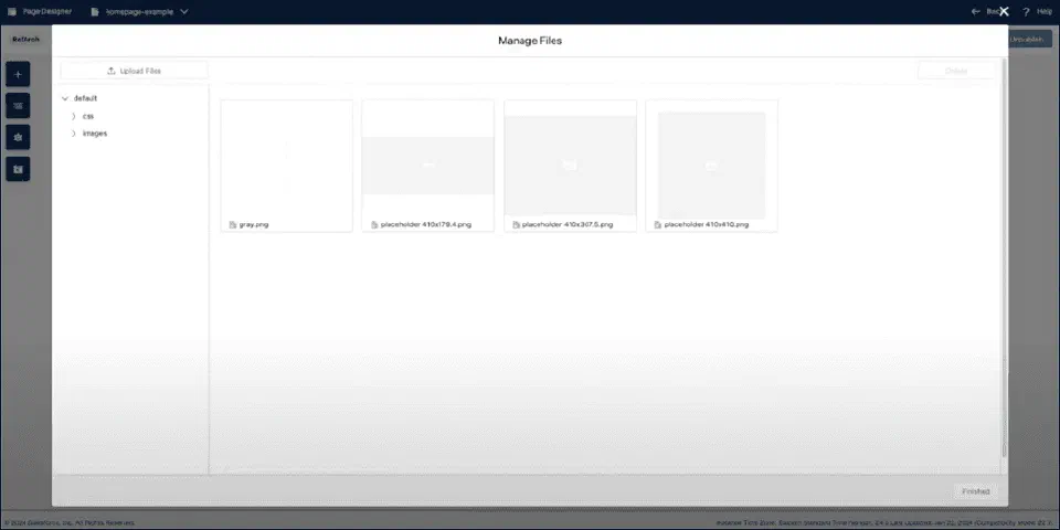 Page Designer media picker showing support for browsing up to 1,000 images in one folder.