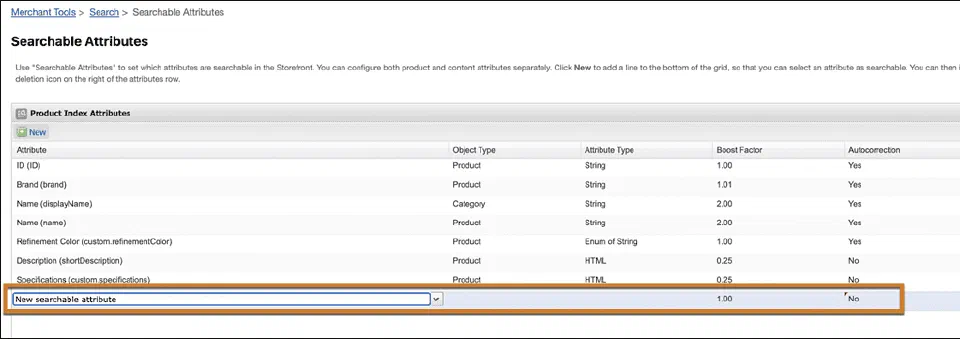 Searchable Attributes settings showing Autocorrection defaulting to No.