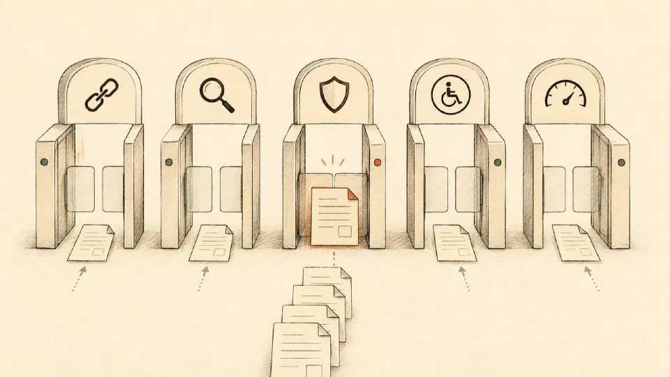 Five parallel deploy gates in a row, with one page held back at a red light while the others pass through.