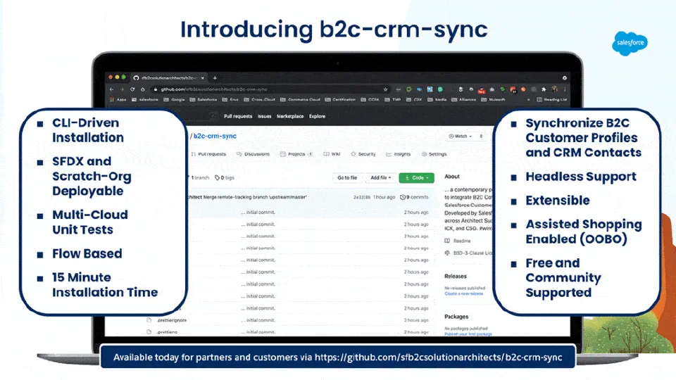 A slide from the B2C CRM Sync presentation showing a list of advantages and features.