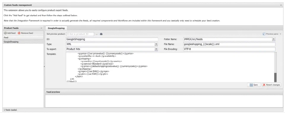 Custom Feeds configuration screen with a Google feed example.