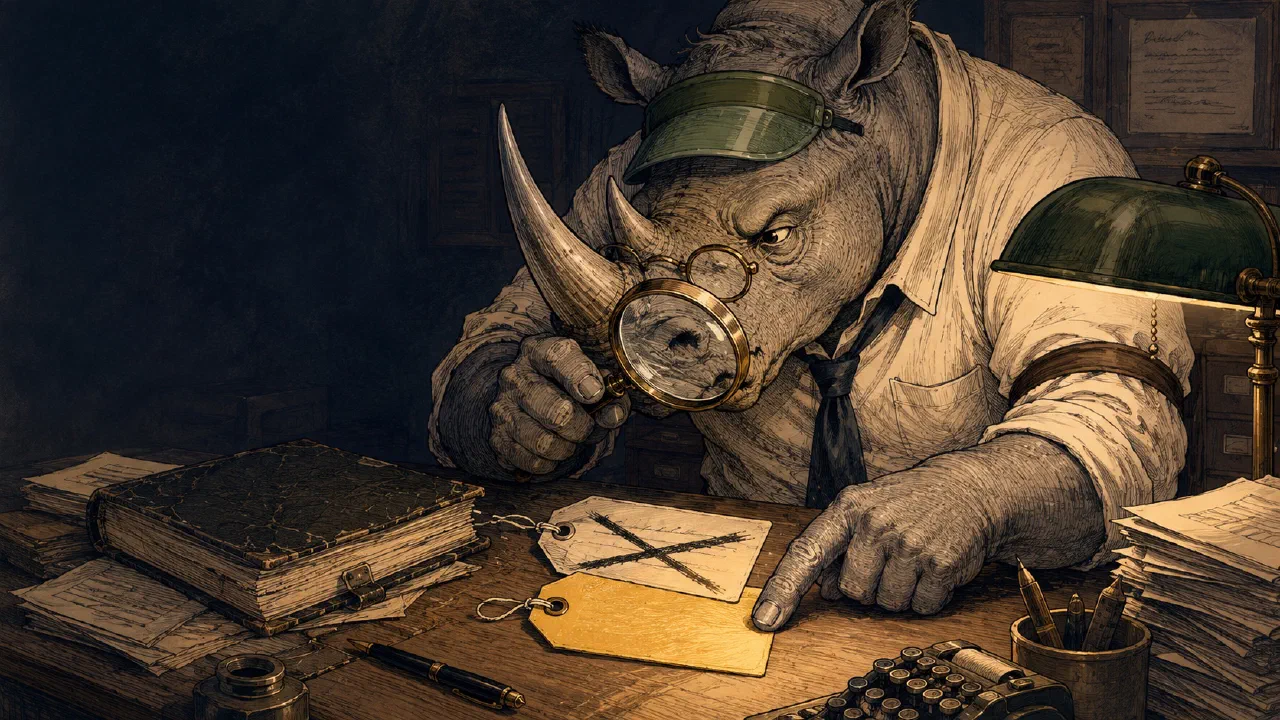 A cartoon rhino accountant holding a magnifying glass over two overlapping price tags, one crossed out, one lower.
