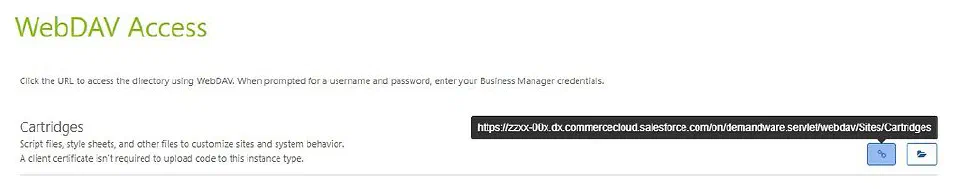 Business Manager Development Setup screen showing the WebDAV URL.