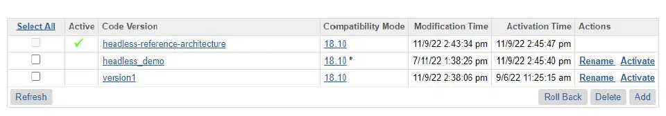 Manage Code Versions screen reflecting the updated compatibility mode.