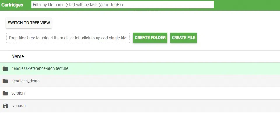 WebDAV directory listing for the cartridge folders in a code version.