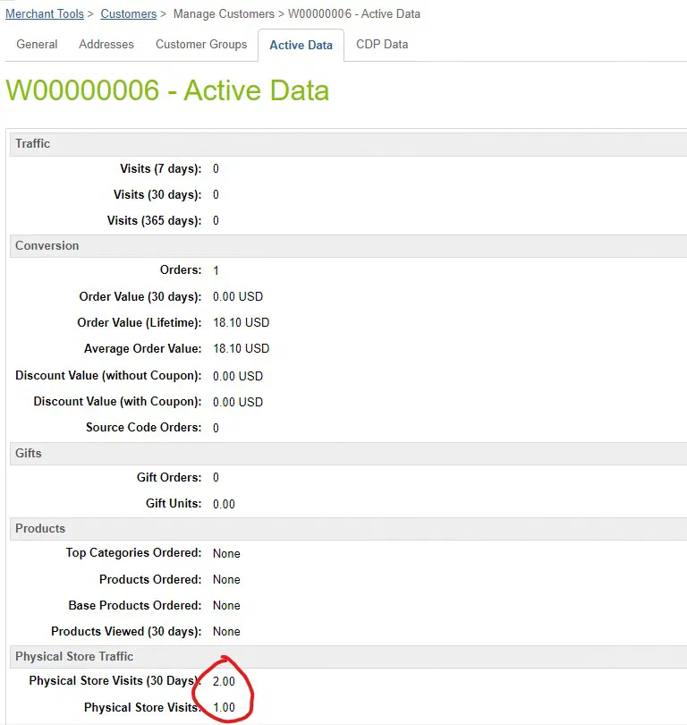Customer profile showing imported Active Data values in Business Manager.