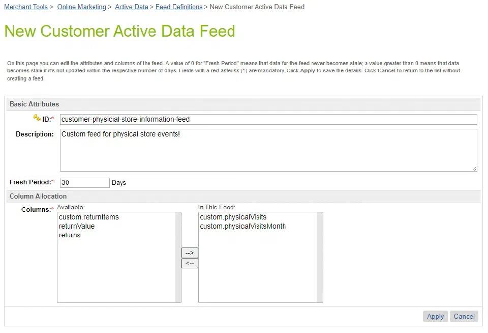 New Customer Active Data feed definition form.