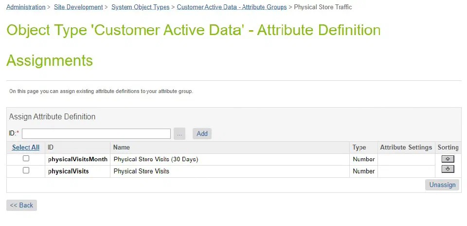 Attribute group configuration for the Physical Store Traffic fields.