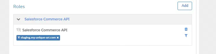 Account Manager roles screen with the Salesforce Commerce API role enabled for staging.